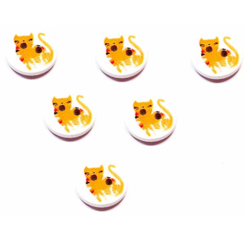 LOT 6 BOUTONS BOIS : rond motif chat 15mm (13) 