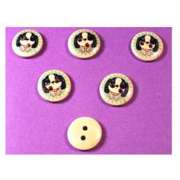 LOT 6 BOUTONS BOIS : rond motif chien 15mm (01) 