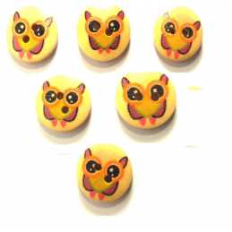 LOT 6 BOUTONS BOIS : rond motif chouette 15mm (01) 