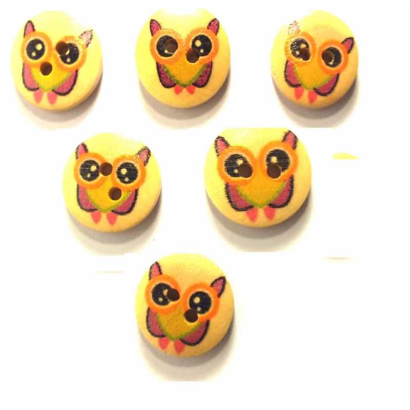 LOT 6 BOUTONS BOIS : rond motif chouette 15mm (01) 