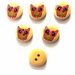 LOT 6 BOUTONS BOIS : rond motif chouette 15mm (02) 