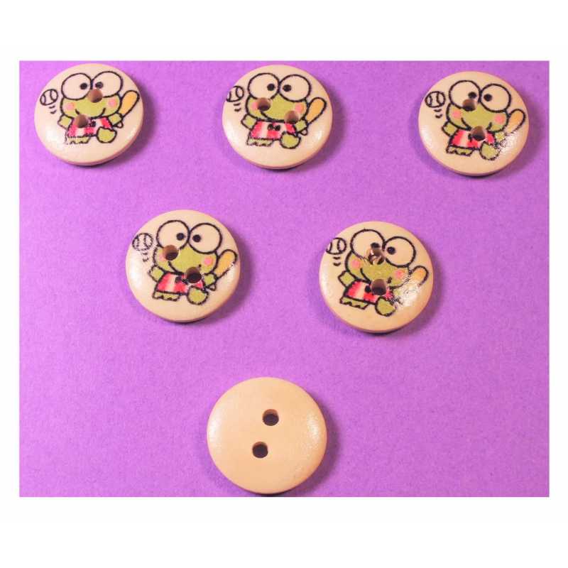 LOT 6 BOUTONS BOIS : rond motif grenouille 15mm (02) 