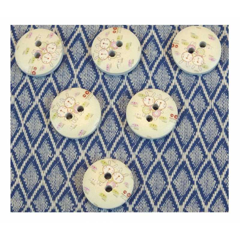 LOT 6 BOUTONS BOIS : rond motif lapin 15mm (01) 