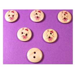 LOT 6 BOUTONS BOIS : rond motif lapin 15mm (04) 