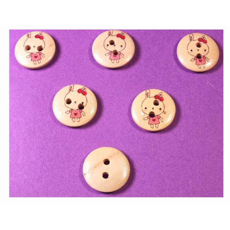 LOT 6 BOUTONS BOIS : rond motif lapin 15mm (04) 