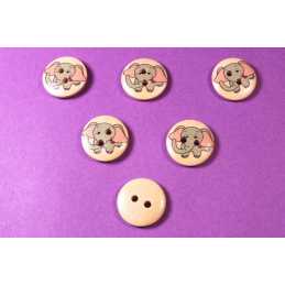 LOT 6 BOUTONS BOIS : rond motif éléphant 15mm (01) 