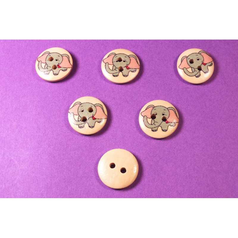 LOT 6 BOUTONS BOIS : rond motif éléphant 15mm (01) 