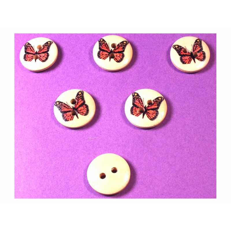 LOT 6 BOUTONS BOIS : rond motif papillon 15mm (07) 