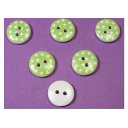 LOT 6 BOUTONS BOIS : rond motif etoile blanche15mm (03) 