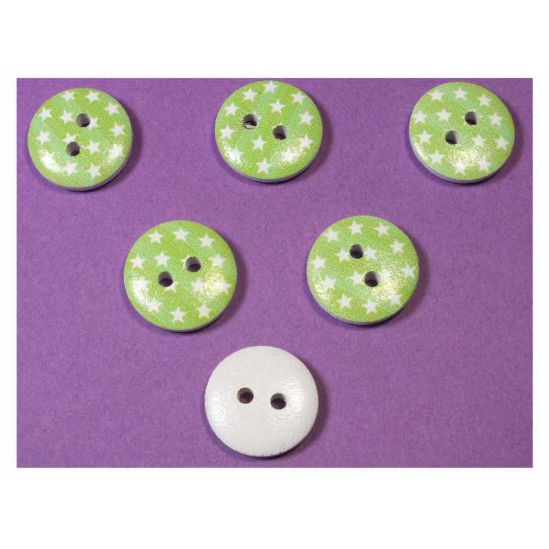 LOT 6 BOUTONS BOIS : rond motif etoile blanche15mm (03) 