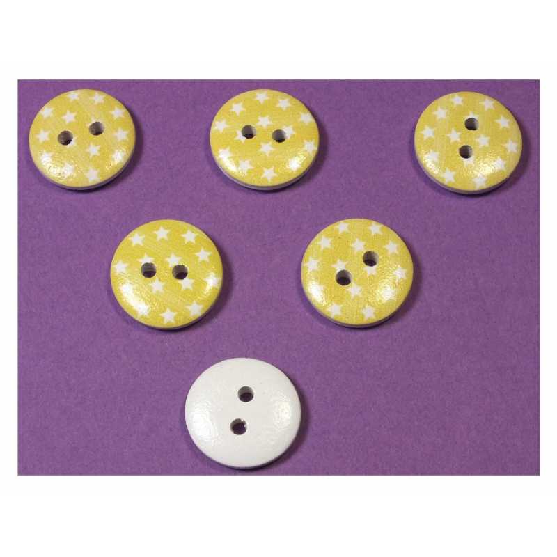 LOT 6 BOUTONS BOIS : rond motif etoile blanche 15mm (09) 