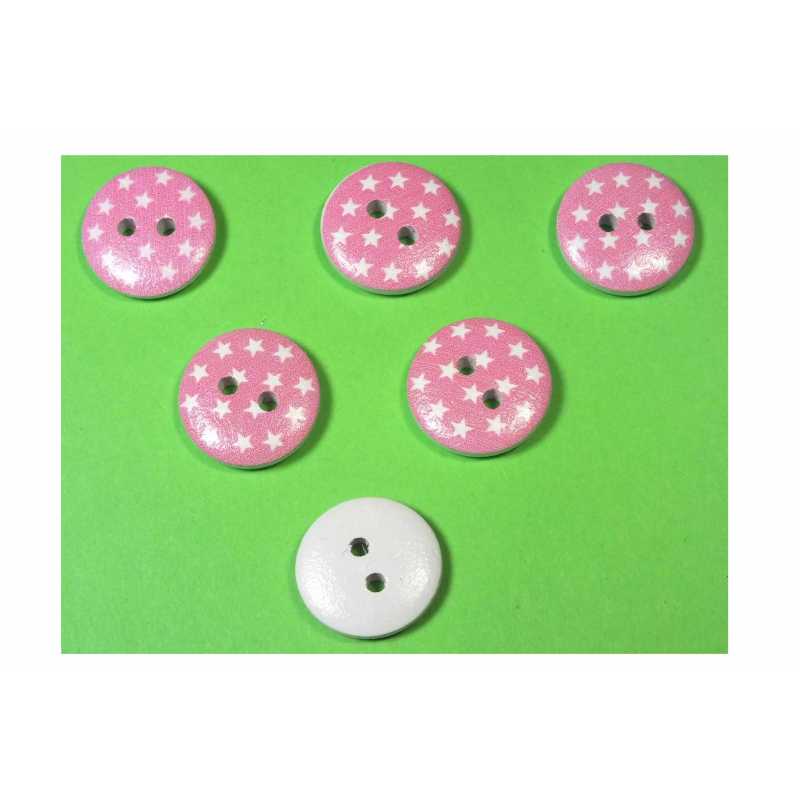 LOT 6 BOUTONS BOIS : rond motif etoile blanche 15mm (07) 