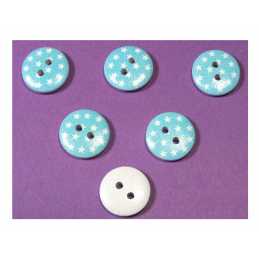 LOT 6 BOUTONS BOIS : rond motif etoile blanche 15mm (04) 