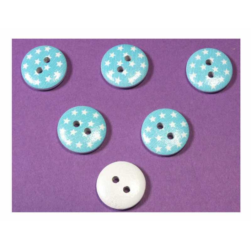 LOT 6 BOUTONS BOIS : rond motif etoile blanche 15mm (04) 