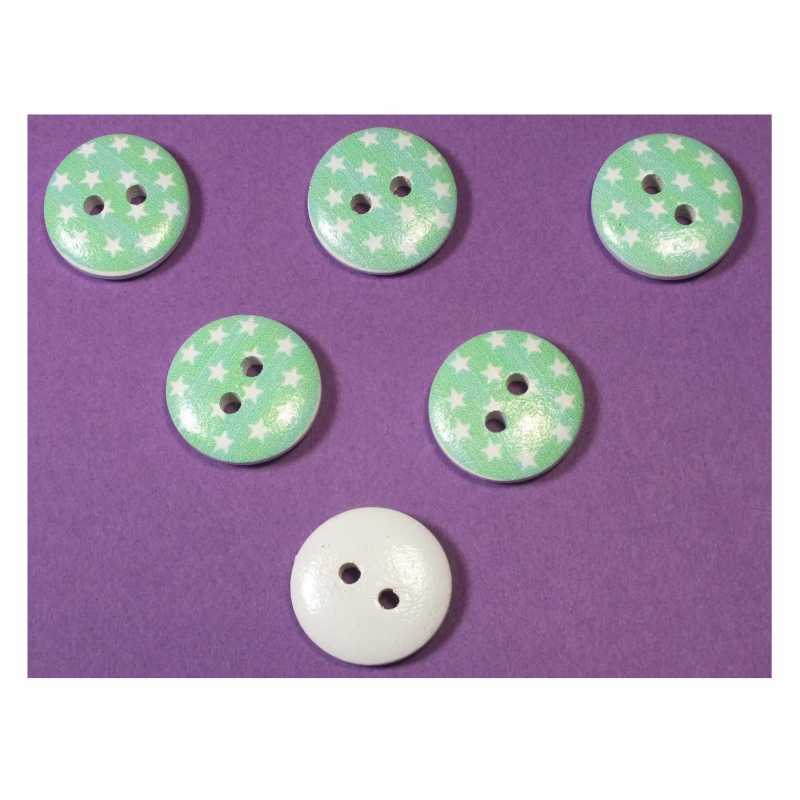 LOT 6 BOUTONS BOIS : rond motif etoile blanche 15mm (02) 