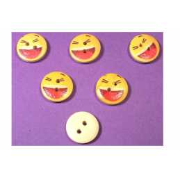 LOT 6 BOUTONS BOIS : rond motif visage rigolo 15mm (01) 