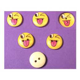 LOT 6 BOUTONS BOIS : rond motif visage rigolo 15mm (02) 