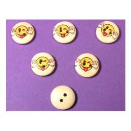 LOT 6 BOUTONS BOIS : rond motif visage rigolo 15mm (04) 