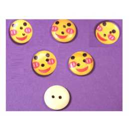 LOT 6 BOUTONS BOIS : rond motif visage rigolo 15mm (05) 
