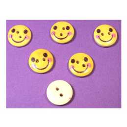 LOT 6 BOUTONS BOIS : rond motif visage rigolo 15mm (05) 