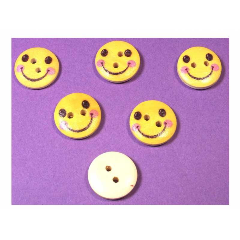 LOT 6 BOUTONS BOIS : rond motif visage rigolo 15mm (05) 