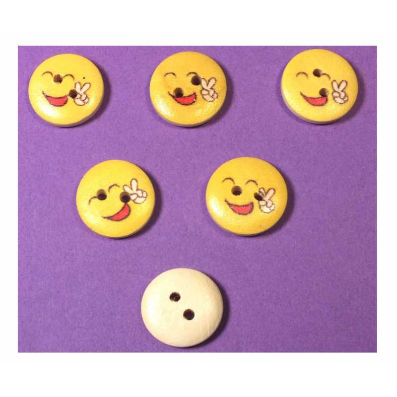 LOT 6 BOUTONS BOIS : rond motif visage rigolo 15mm (08) 