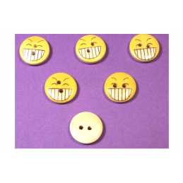 LOT 6 BOUTONS BOIS : rond motif visage rigolo 15mm (09) 