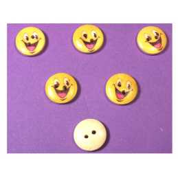 LOT 6 BOUTONS BOIS : rond motif visage rigolo 15mm (10) 