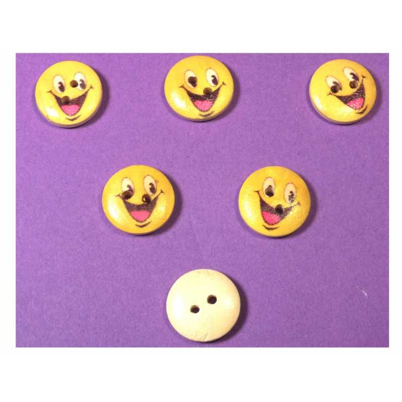 LOT 6 BOUTONS BOIS : rond motif visage rigolo 15mm (10) 