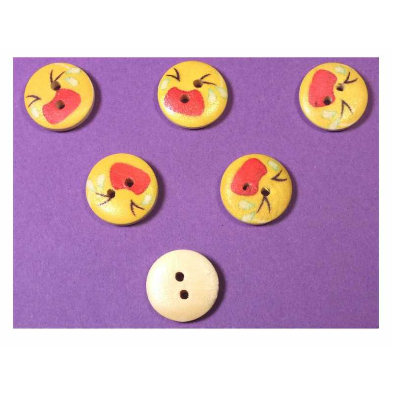 LOT 6 BOUTONS BOIS : rond motif visage rigolo 15mm (07) 