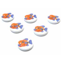LOT 6 BOUTONS BOIS : rond thème animaux marins poisson 15mm (14) 