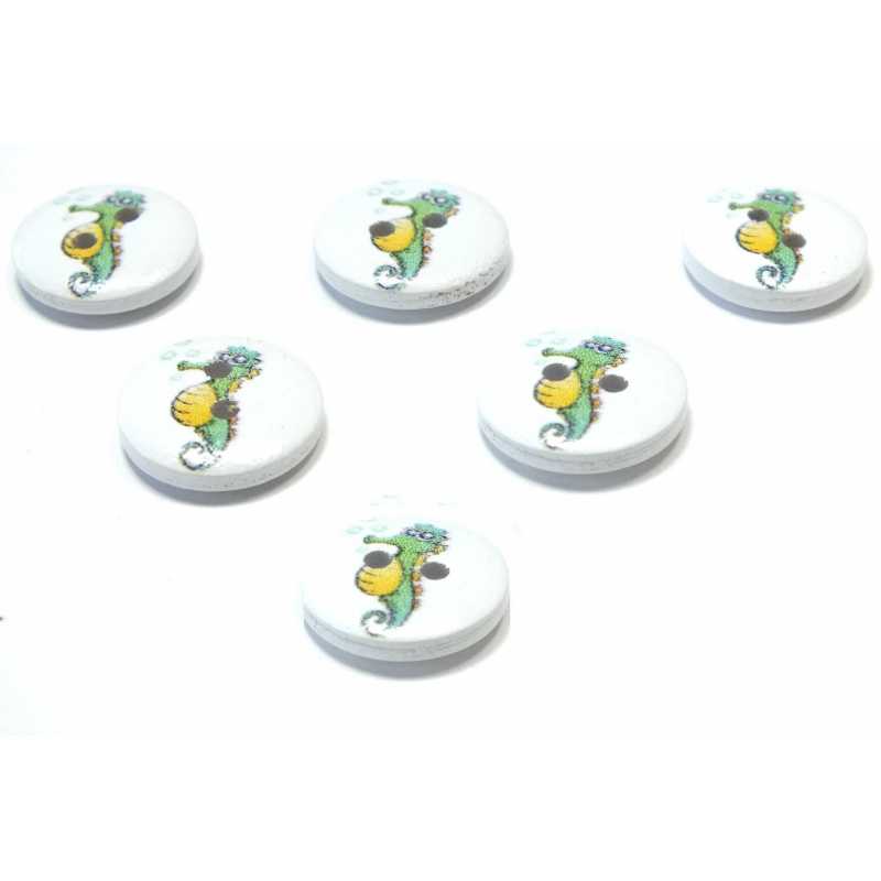 LOT 6 BOUTONS BOIS : rond thème animaux marins hippocampe 15mm (15) 