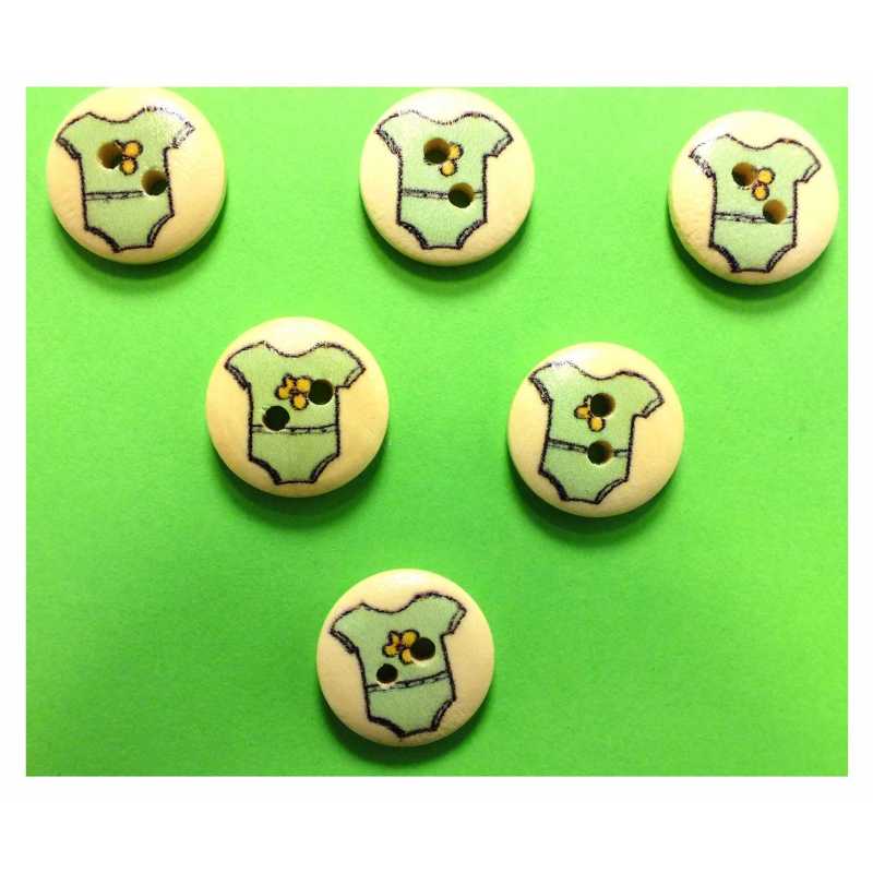 LOT 6 BOUTONS BOIS : rond thème enfant motif body 15mm (14) 
