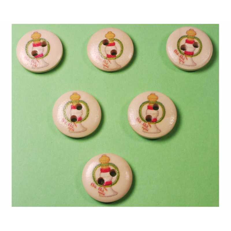 LOT 6 BOUTONS BOIS : rond thème enfant motif jouet 15mm (03) 