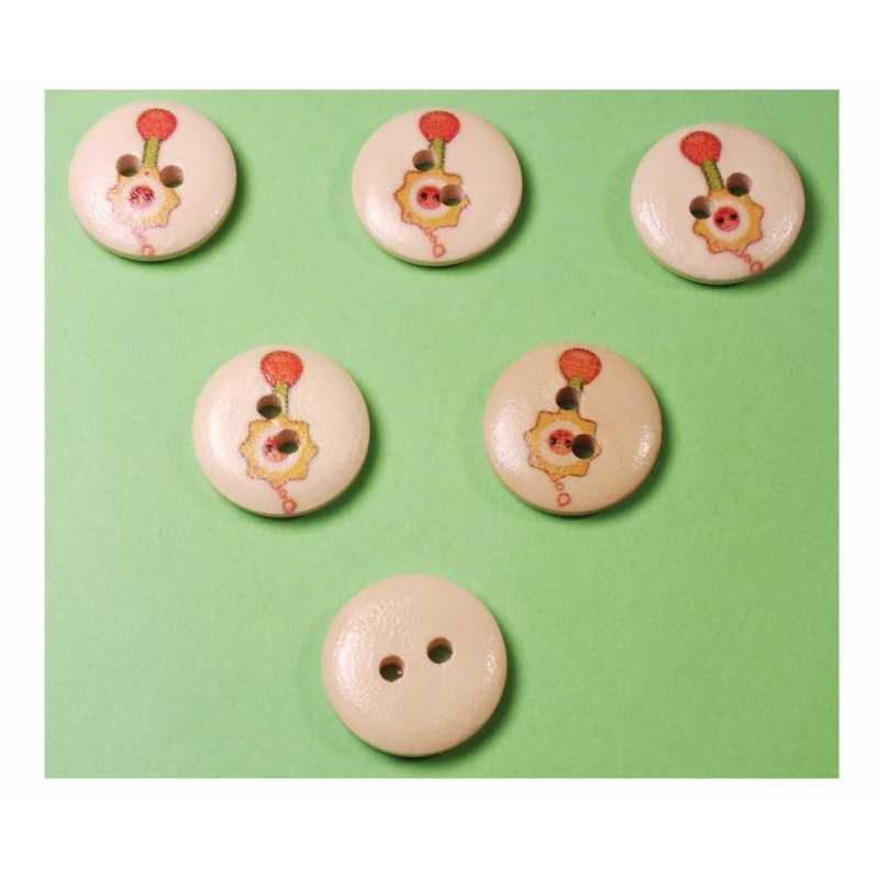 LOT 6 BOUTONS BOIS : rond thème enfant motif hochet 15mm (04) 