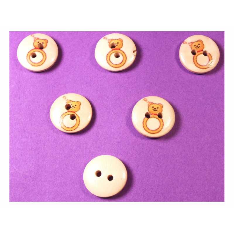 LOT 6 BOUTONS BOIS : rond thème enfant motif hochet 15mm (01) 