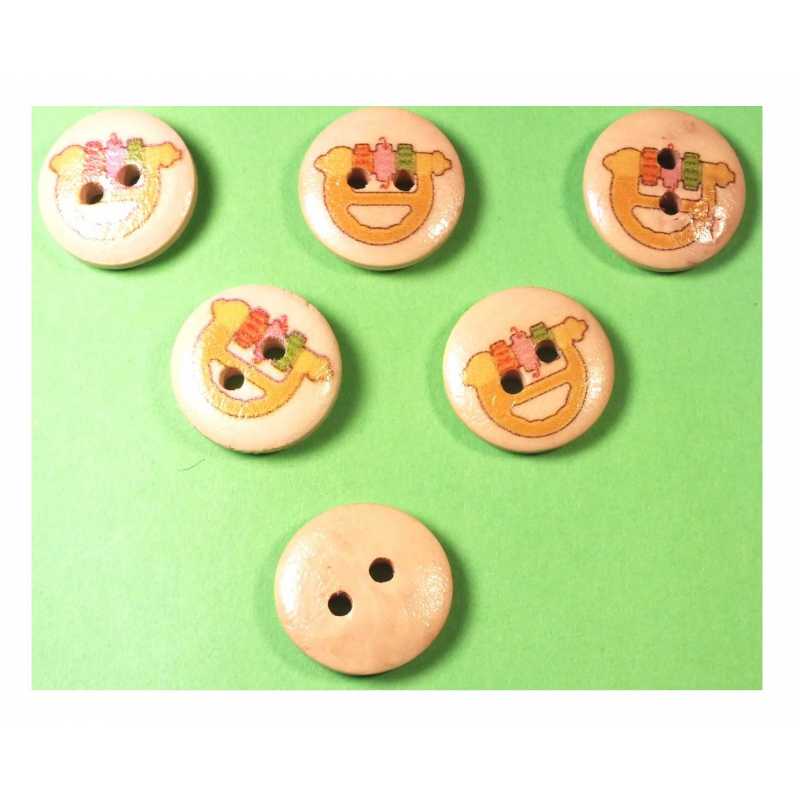 LOT 6 BOUTONS BOIS : rond thème enfant motif jouet volant 15mm (06) 