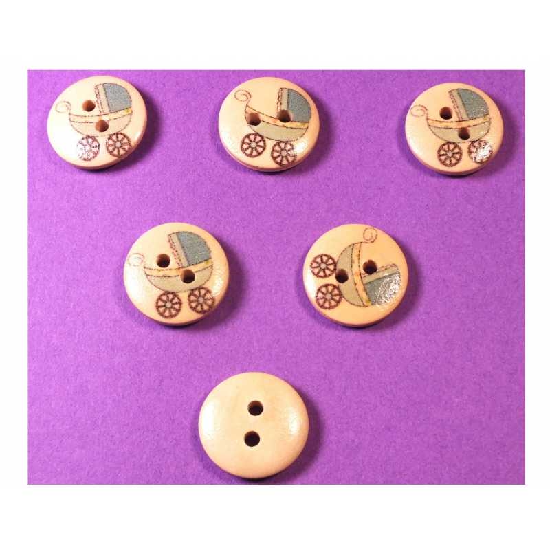 LOT 6 BOUTONS BOIS : rond thème enfant motif landau 15mm (09) 