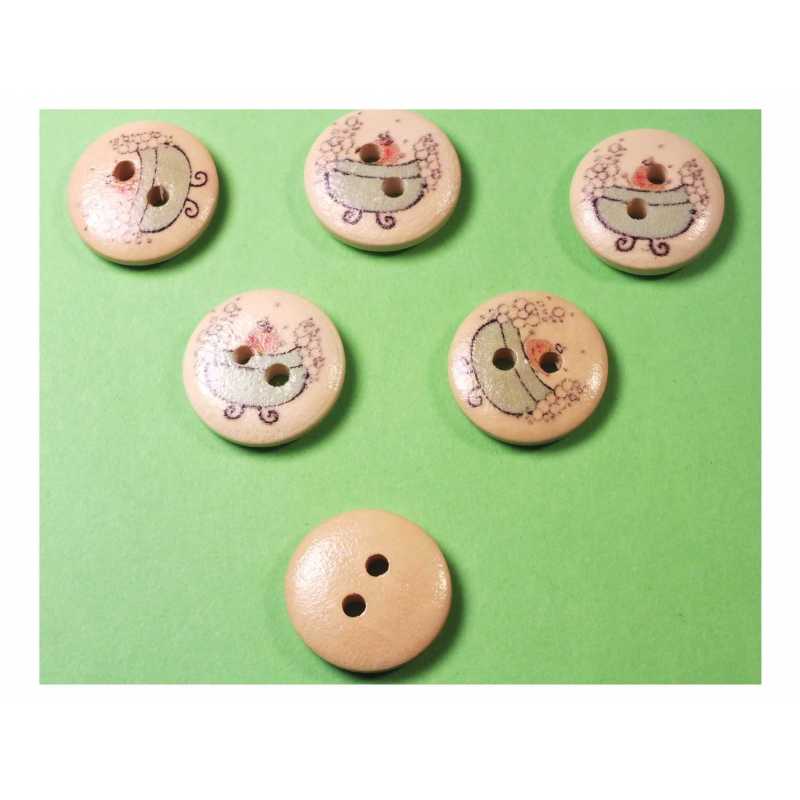 LOT 6 BOUTONS BOIS : rond thème enfant motif le bain15mm (02) 