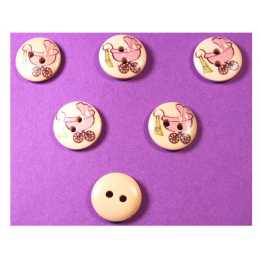LOT 6 BOUTONS BOIS : rond thème enfant motif landau 15mm (11) 