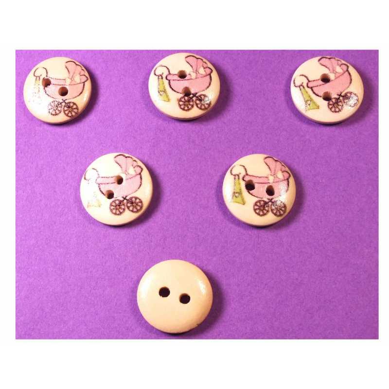 LOT 6 BOUTONS BOIS : rond thème enfant motif landau 15mm (11) 