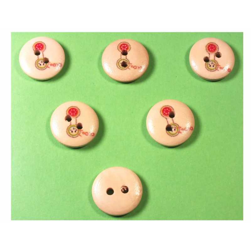 LOT 6 BOUTONS BOIS : rond thème enfant motif jouet téléphone15mm (05) 