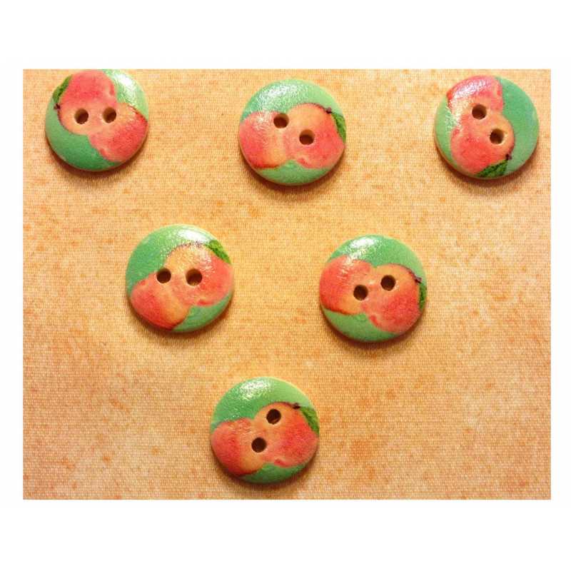LOT 6 BOUTONS BOIS : rond thème fruit motif abricot 15mm 