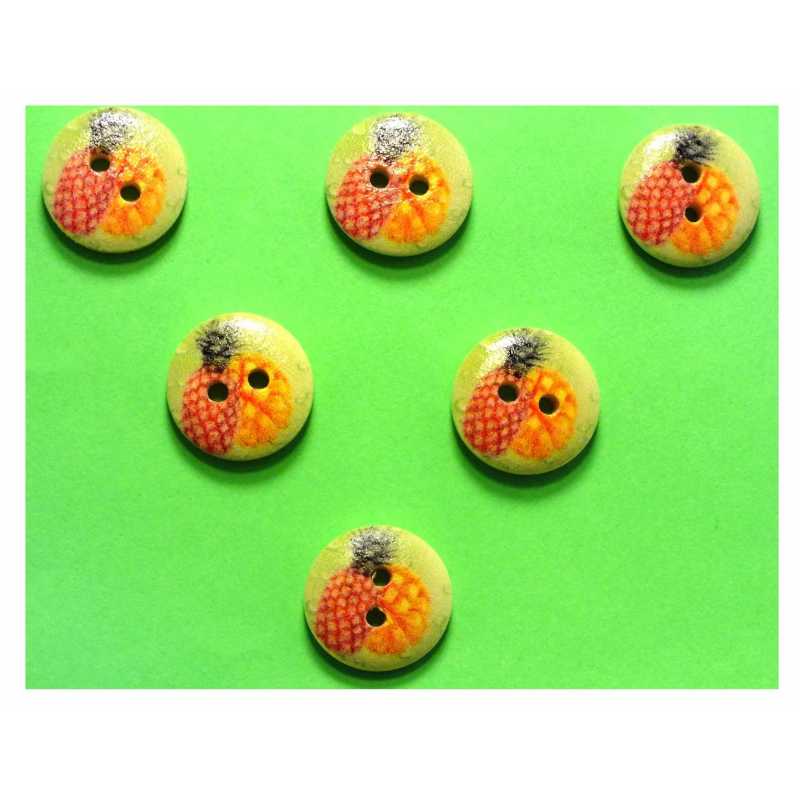 LOT 6 BOUTONS BOIS : rond thème fruit motif ananas 15mm 