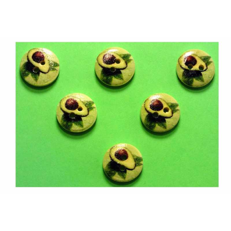 LOT 6 BOUTONS BOIS : rond thème fruit motif avocat 15mm 