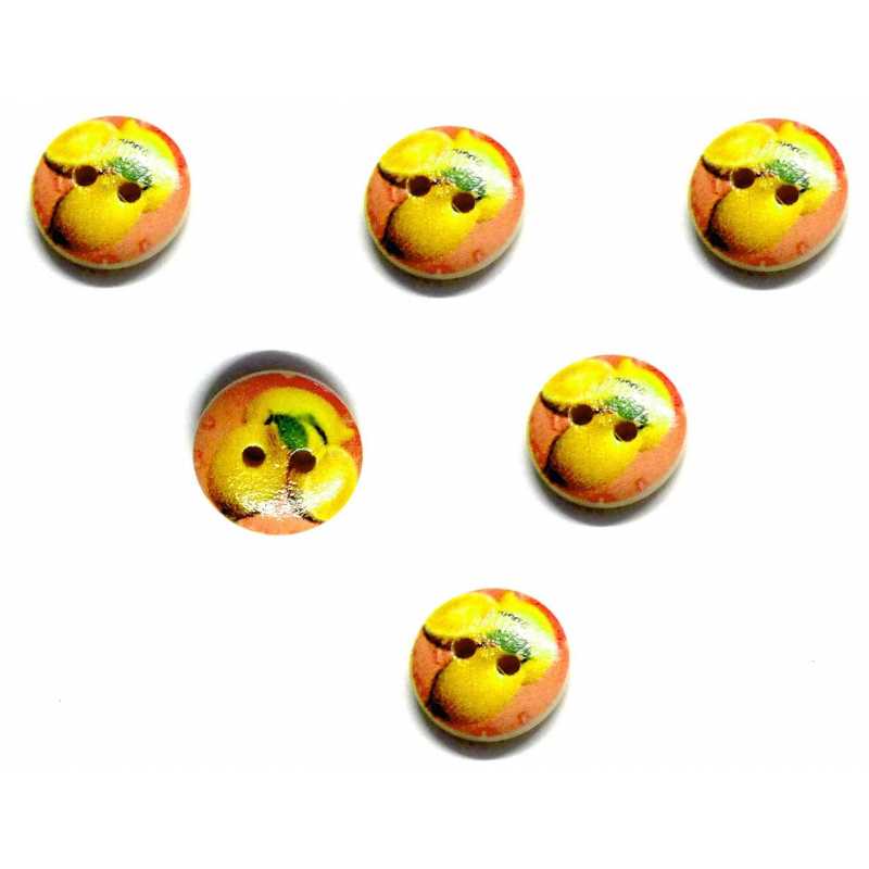 LOT 6 BOUTONS BOIS : rond thème fruit motif citron 15mm 