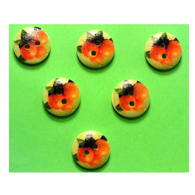 LOT 6 BOUTONS BOIS : rond thème fruit motif clémentine 15mm 