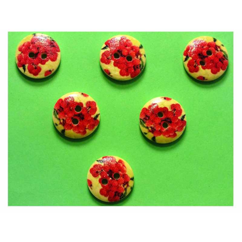 LOT 6 BOUTONS BOIS : rond thème fruit motif framboise 15mm 