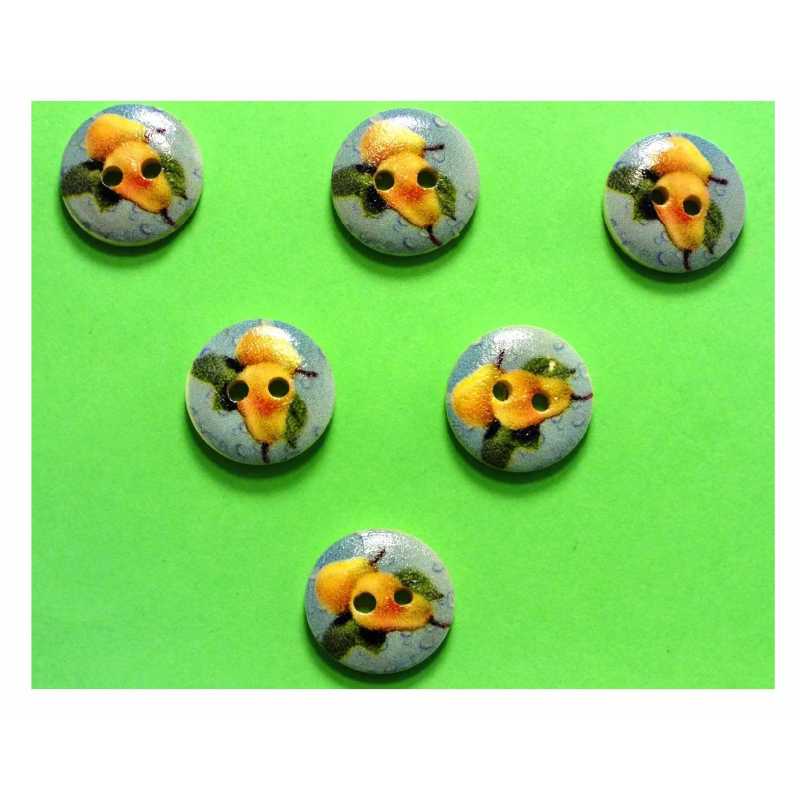 LOT 6 BOUTONS BOIS : rond thème fruit motif poire 15mm 