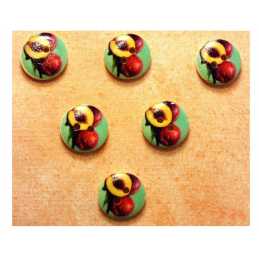 LOT 6 BOUTONS BOIS : rond thème fruit motif prune 15mm 